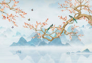 Chinoiserie-style wall mural featuring cherry blossom branches, perched birds, and misty blue mountains, creating a serene and elegant atmosphere.