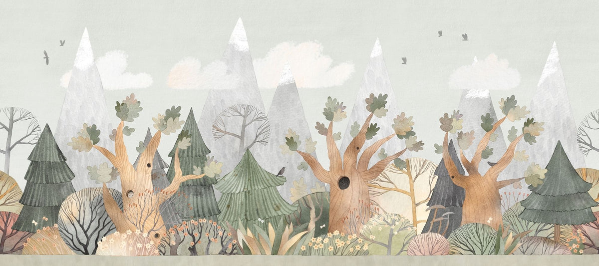 Fantasy Woodland Wall Mural with watercolor pine trees, oak branches, and misty mountains. Perfect nursery or children's room decor.