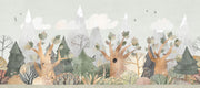 Fantasy Woodland Wall Mural with watercolor pine trees, oak branches, and misty mountains. Perfect nursery or children's room decor.