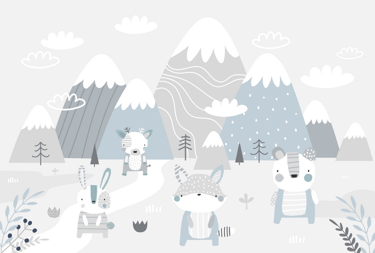 Scandinavian-style nursery wall mural featuring snowy mountains, foxes, rabbits, and a bear in soft pastel tones. Perfect for a cozy and modern kids’ room or baby nursery.