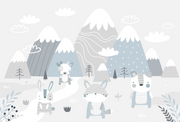 Scandinavian-style nursery wall mural featuring snowy mountains, foxes, rabbits, and a bear in soft pastel tones. Perfect for a cozy and modern kids’ room or baby nursery.