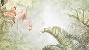 Watercolor-style flamingo wall mural with soft pastel tropical leaves, creating a serene and elegant nature-inspired interior décor.
