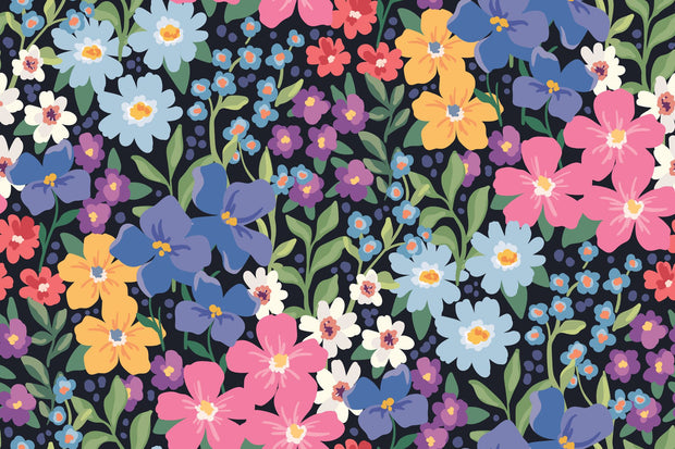 Colorful floral wall mural with hand-painted flowers in shades of blue, pink, yellow, and purple.