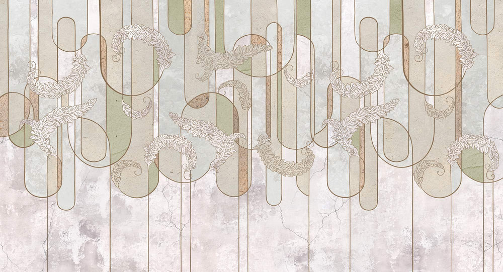 Elegant abstract line art wall mural with soft sage green, beige, and gold botanical-inspired details, ideal for modern and minimalist interior decor.