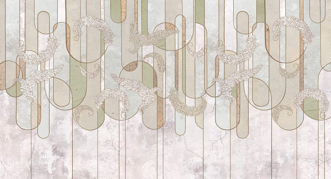 Elegant abstract line art wall mural with soft sage green, beige, and gold botanical-inspired details, ideal for modern and minimalist interior decor.