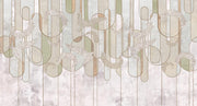 Elegant abstract line art wall mural with soft sage green, beige, and gold botanical-inspired details, ideal for modern and minimalist interior decor.