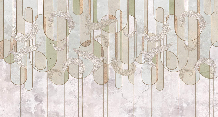 Elegant abstract line art wall mural with soft sage green, beige, and gold botanical-inspired details, ideal for modern and minimalist interior decor.