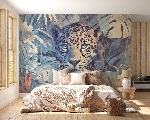 Bedroom with a large mural of a leopard and foliage on the wall.