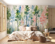 Bedroom with colorful forest mural on the wall
