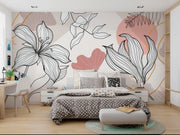 Modern bedroom with floral wall mural and wooden floor