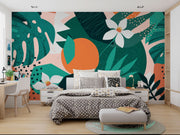 Modern bedroom with a colorful tropical leaf mural on the wall.