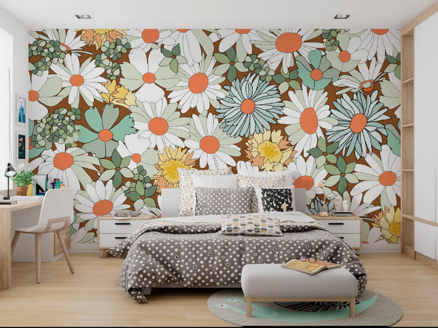 Bedroom with floral wallpaper and a bed with polka dot bedding.