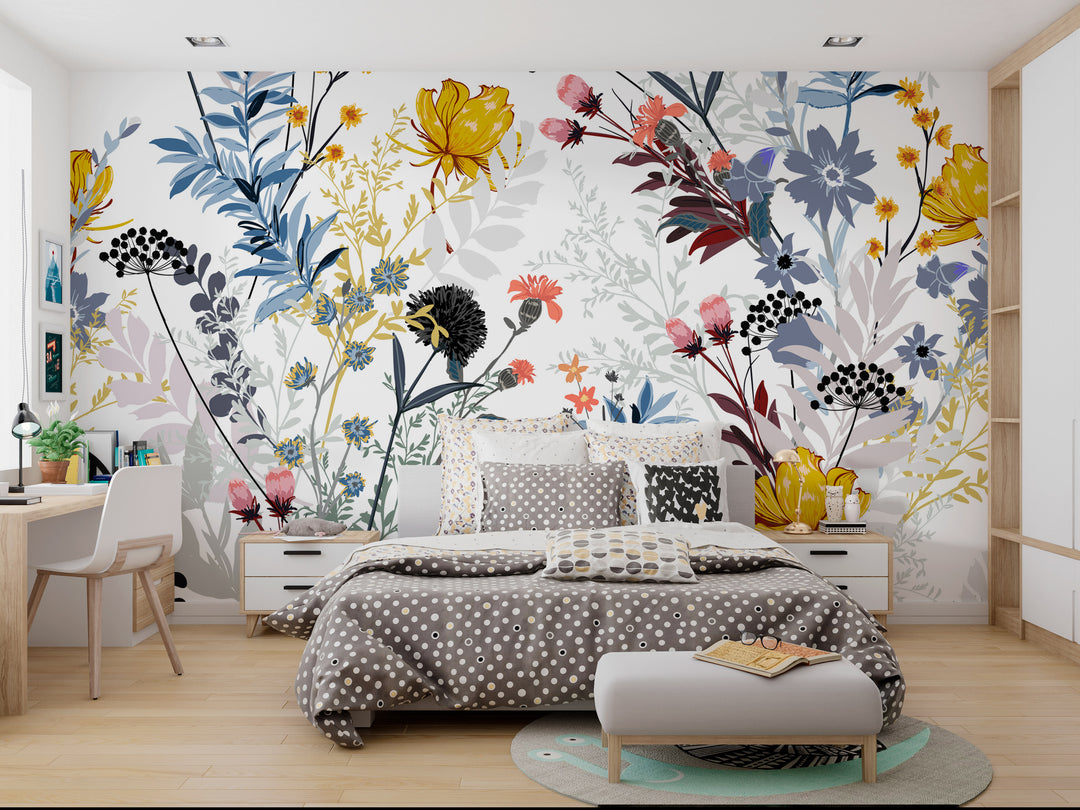 Modern bedroom with floral wallpaper and a bed with polka dot bedding.