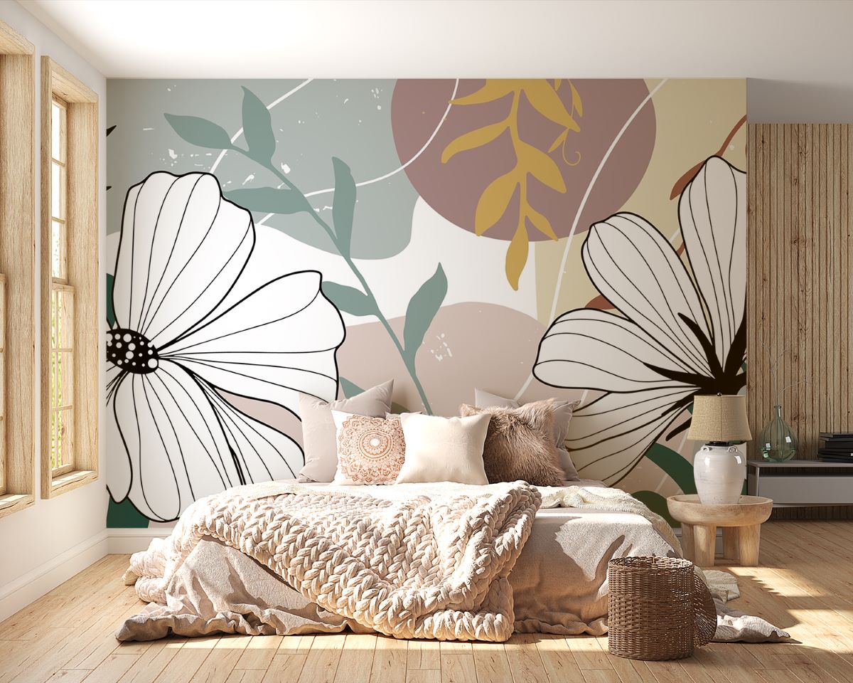Bedroom with floral wall mural and soft lighting
