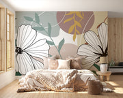 Bedroom with floral wall mural and soft lighting