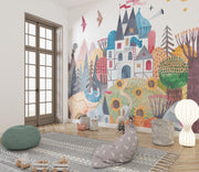 Colorful mural in a room with decorative pillows and a rug.