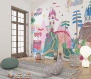 Children's room with colorful wall mural, soft toys, and a rug.