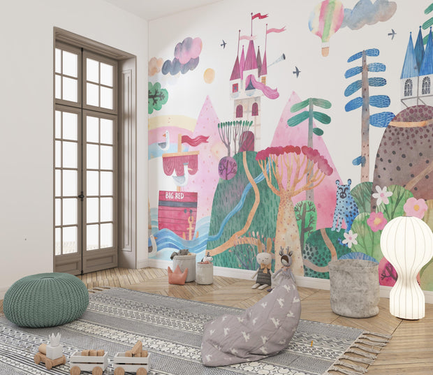 Children's room with colorful wall mural, soft toys, and a rug.