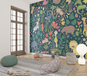 Children's room with colorful animal-themed wallpaper