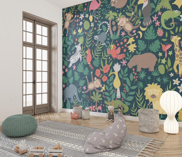 Children's room with colorful animal-themed wallpaper