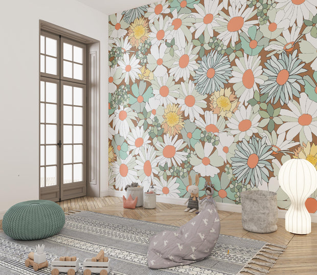 Room interior with floral wallpaper, rug, and decorative items.