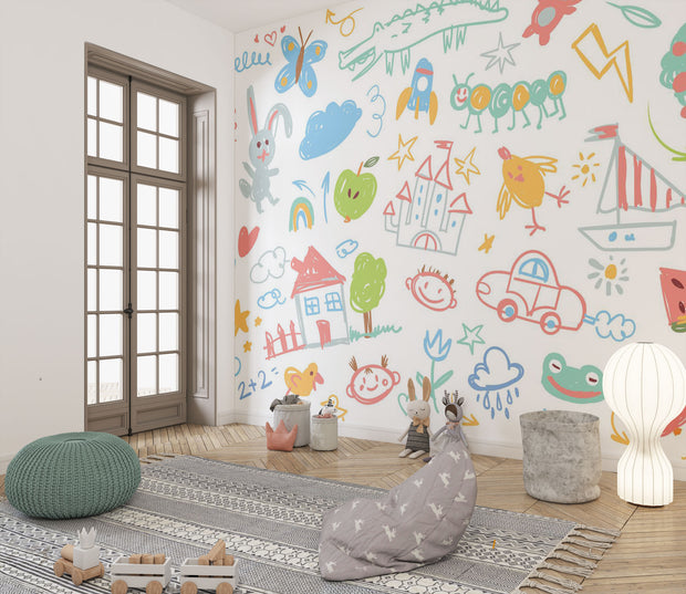 Children's room with colorful wall decals and soft toys on a rug.