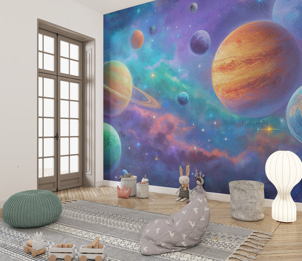 Children's room with a space-themed wall mural featuring planets and stars.