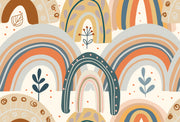 Boho-style kids wall mural with hand-drawn earthy rainbows, abstract florals, and neutral tones.