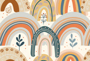 Boho-style kids wall mural with hand-drawn earthy rainbows, abstract florals, and neutral tones.
