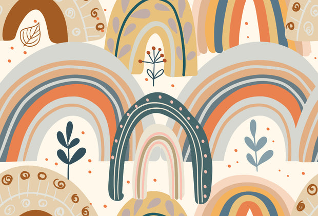 Boho-style kids wall mural with hand-drawn earthy rainbows, abstract florals, and neutral tones.