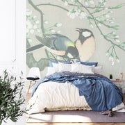 Birds on a cherry branch square wall mural - Mural Wonder