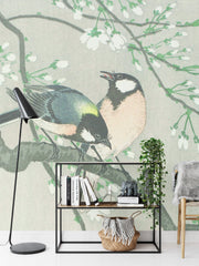 Birds on a cherry branch square wall mural - Mural Wonder