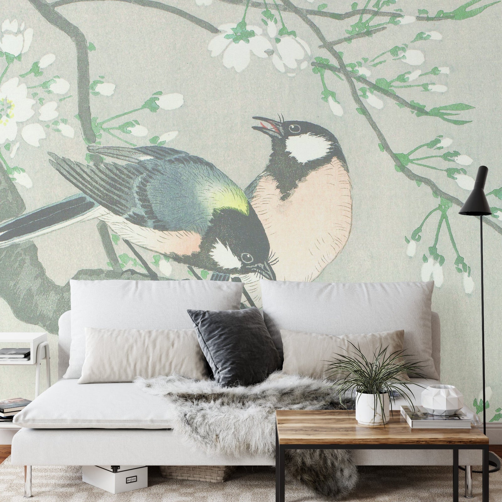 Birds on a cherry branch square wall mural - Mural Wonder