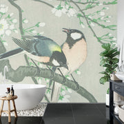 Birds on a cherry branch square wall mural - Mural Wonder
