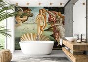 The Birth of Venus wall mural featuring Botticelli’s iconic Renaissance painting with vivid colors, classical figures, and luxurious decor setting.