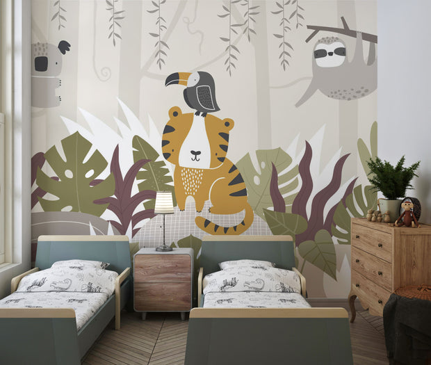 Children's bedroom with a wall mural of a tiger and sloth in a jungle setting.