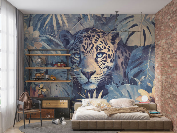 Room interior with a large mural of a leopard on the wall, surrounded by plants.