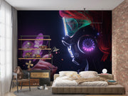 Modern bedroom with a large wall mural of a futuristic helmet and character.