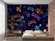 Room interior with a colorful 'GAME' themed wall mural.