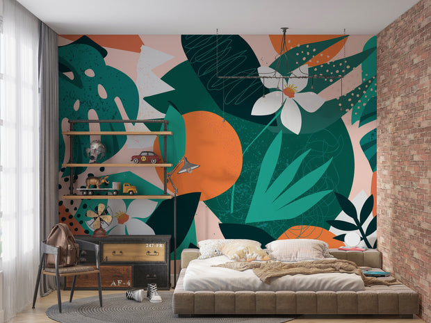 Modern bedroom with a colorful abstract wall mural featuring green leaves and orange shapes.