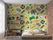 Children's bedroom with a colorful video game-themed wall mural.