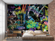 Room interior with a colorful graffiti-style wall mural featuring the word 'LEVEL UP!' and various graphics.