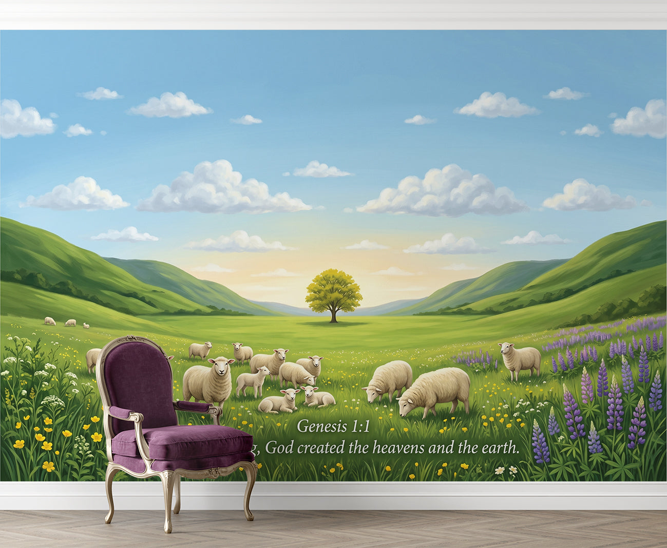 Wall mural of a pastoral scene with sheep, trees, and flowers, featuring Genesis 1:1 text.