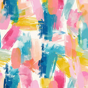 Colorful abstract wall mural with brushstroke patterns in vibrant pink, blue, yellow, and coral shades.