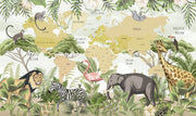Children's world map wall mural with illustrated safari animals and tropical plants, styled in modern nursery setting.