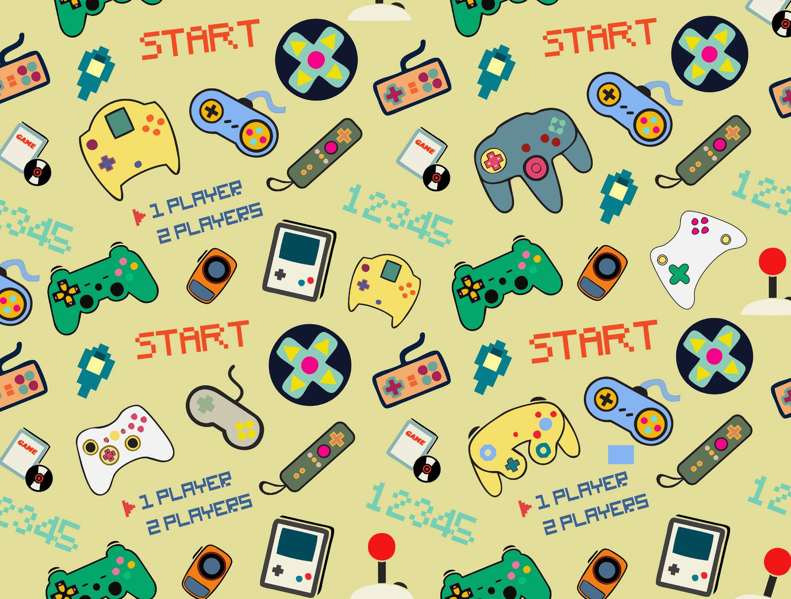 Pattern of retro gaming controllers and 'Start' text on a beige background