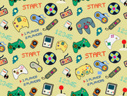 Pattern of retro gaming controllers and 'Start' text on a beige background