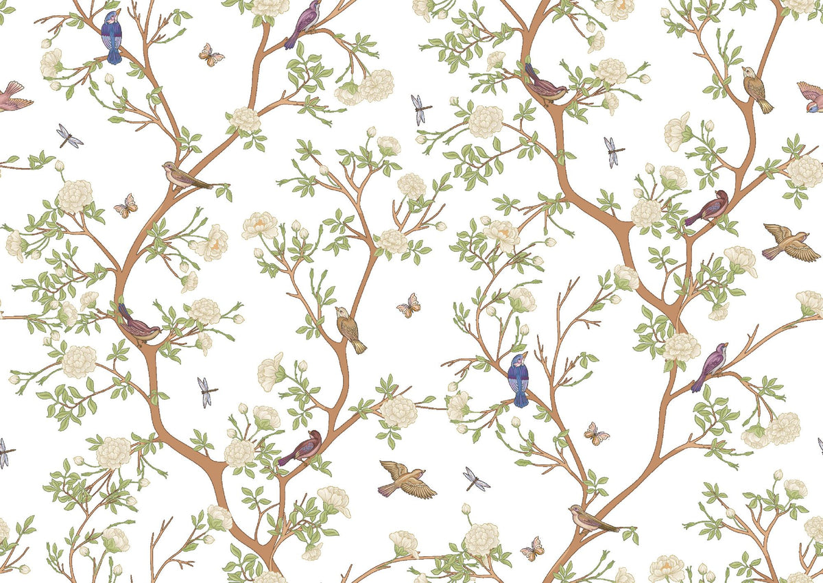 Nature-inspired floral and bird wall mural featuring blooming flowers, branches, birds, and butterflies in a living room setting.