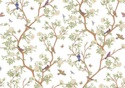 Nature-inspired floral and bird wall mural featuring blooming flowers, branches, birds, and butterflies in a living room setting.