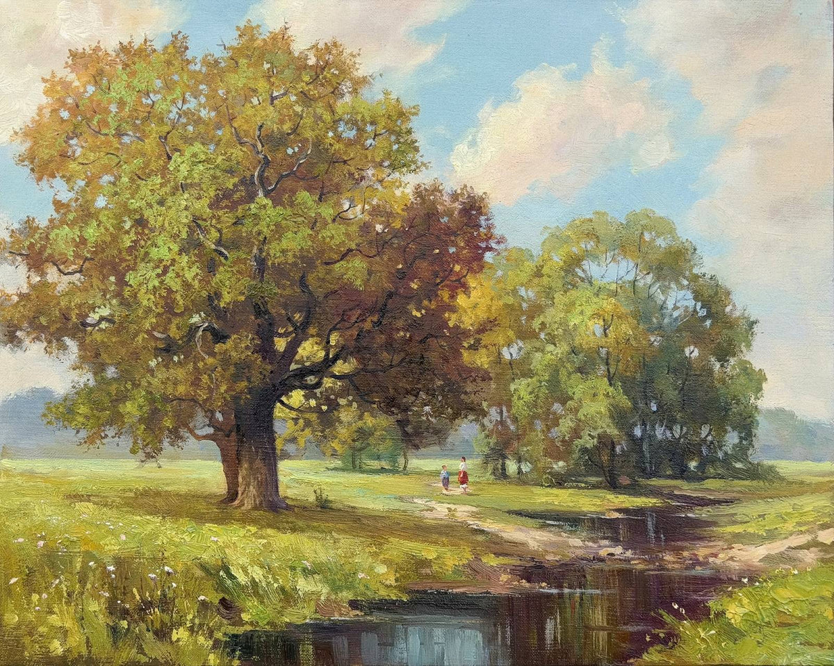 Hand-painted style wall mural featuring golden trees, a countryside meadow, and a walking path under a soft sky.